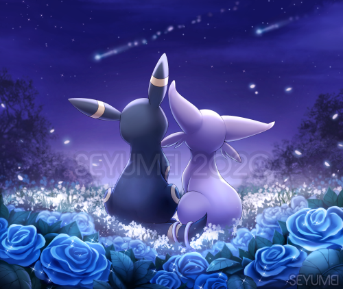 Commission for EvoGuyBri (Twitter) of Umbreon and Espeon watching some shooting stars! When I was a 