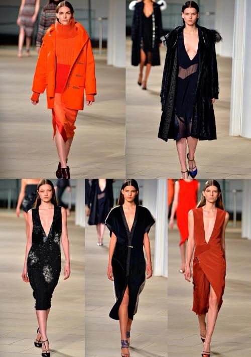 Hilary Rhoda, Katlin Aas, Yumi Lambert, Astrid Holler, and Luca Gadjus walk Prabal Gurung Fall 2015