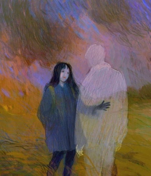 Digital drawing “Spirit hold, part two” by Holly Warbs shows a person who appears to be female with long black hair and pale skin standing before a ghostly figure that appears to be male. The person wears a long medium blue jacket and dark blue jeans, with olive green backpack straps. Their right hand is tucked in the pocket of their jacket, and their left hand, black and presumably clad in a glove, is held out toward what may be the ribs of the figure. The figure is just a white apparition, presumably a ghost. They seem to be wearing a jacket and pants, but there aren’t many defining outlines in the shape, other than bright pale yellow outlining the hands, which are down by the figure’s sides. Around them is what appears to be a field, trees, and sky, made of browns, greens, oranges, and blues. But the shapes are somewhat messy and abstract, pulling the figures to the forefront. The figure is semi-translucent, showing the background and the person’s body on the other side of them, and the person’s face is not detailed, but their black eyes are wide, and their salmon-colored lips are closed and neither smiling nor frowning.