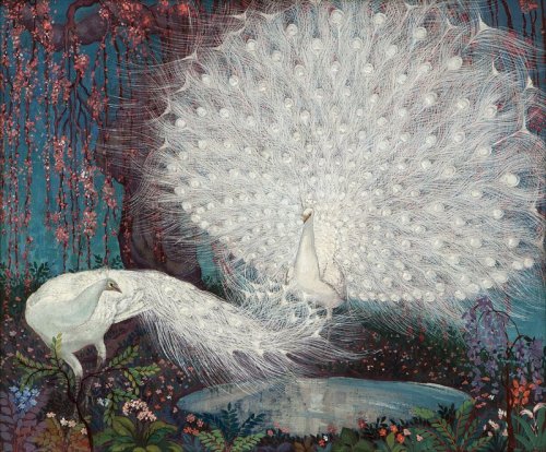 art-and-things-of-beauty: Jessie Arms Botke (American, 1883-1971) - White peacocks and cherry blosso