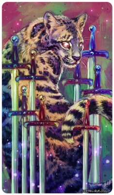 leptailurus:  This card represents the feeling of being lost and constricted. This clouded leopard is blind, surrounded by swords that threaten gashes if he even moves a step. He’s uncertain what to do or where to go. He’s totally powerless. PRINTS