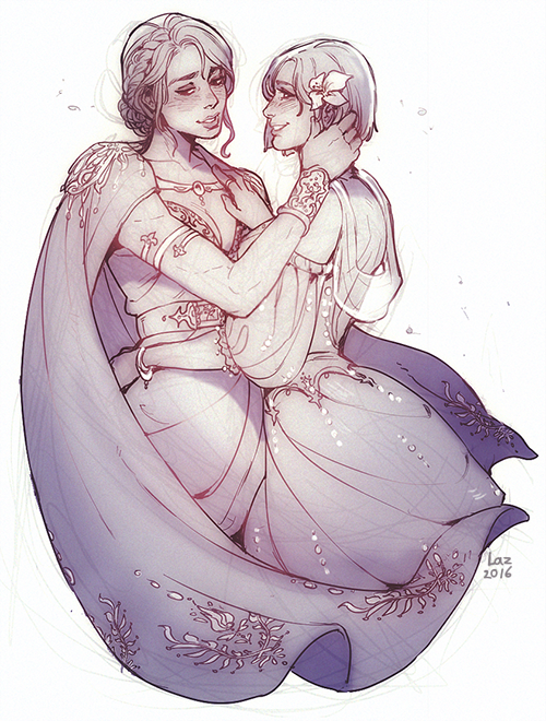 martasketch: Most recent batch of commissions! Leliana/Cousland for jeanjacqleroy,