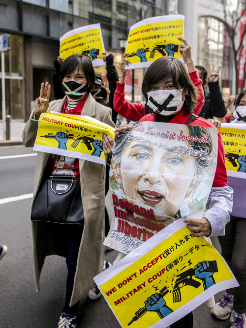 2021.2.14 Myanmar protesters gather in Shibuya, against military coup at home.photo : Shinta Yabe