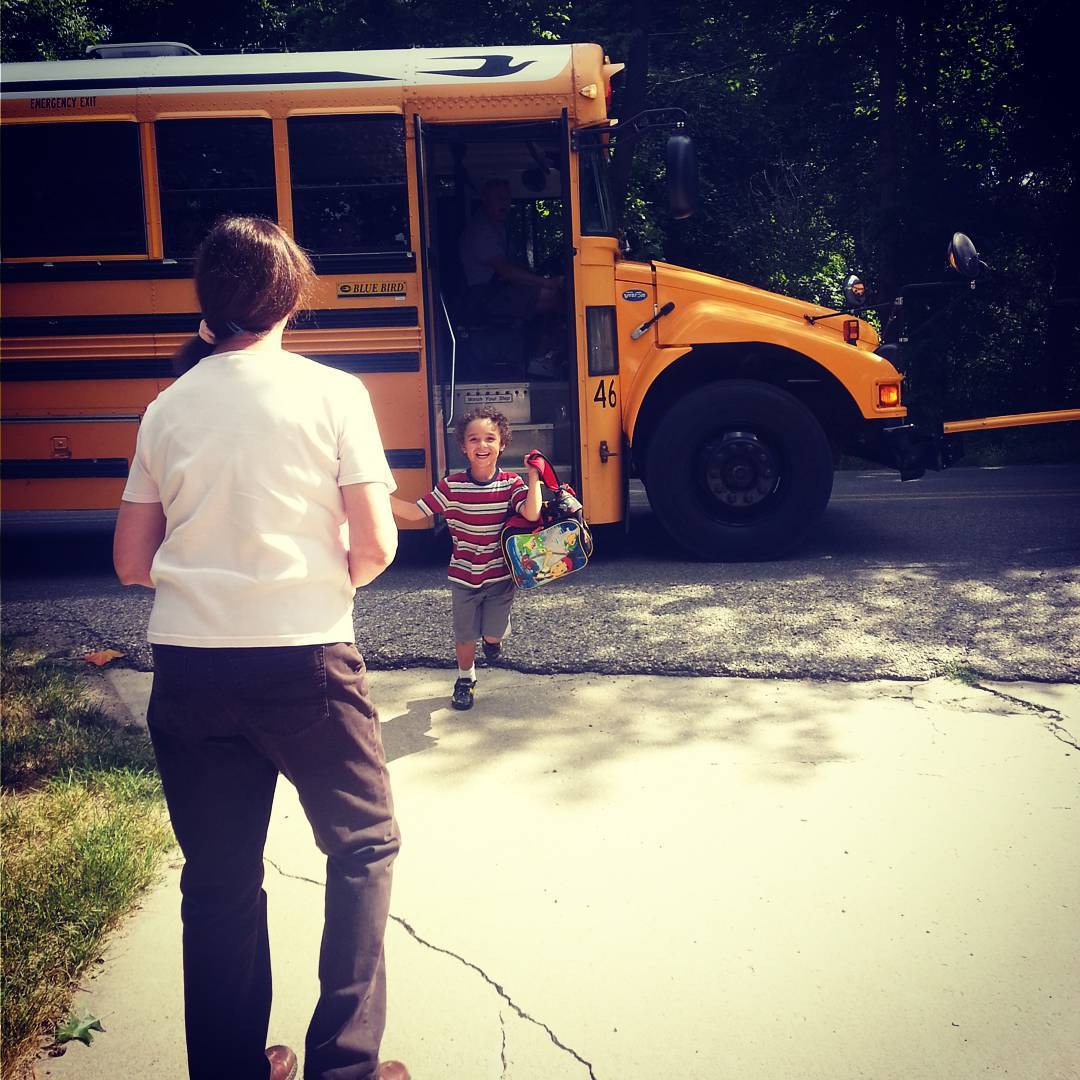 Skyy getting off the bus after first day of school. (:  #firstdayofschool #myson