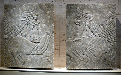 A pair of Assyrian winged deities, carved in gypsum.  Artist unknown; reign of Ashurbanipal II 