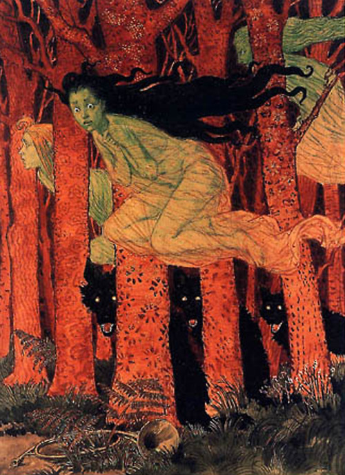 teapotee:scrbldpaper:the-cinder-fields:Eugene Grasset, Three women and three wolves,1892Lying behind