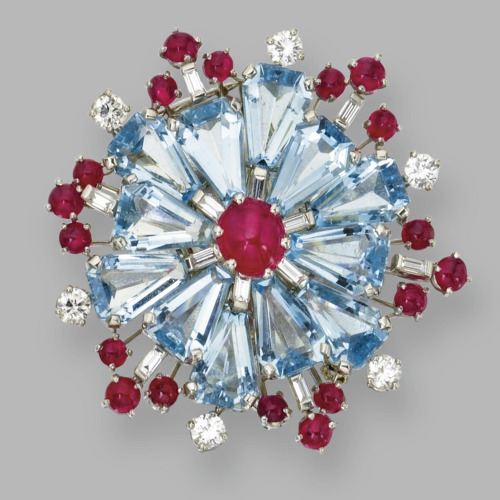 Platinum, Aquamarine, Ruby and Diamond Brooch Oscar Heyman &amp; Brothers 1953