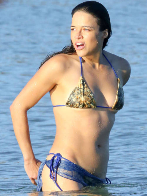 Michelle Rodriguez (Actress) bikini slip showing bush in Sardinia (August 2014)