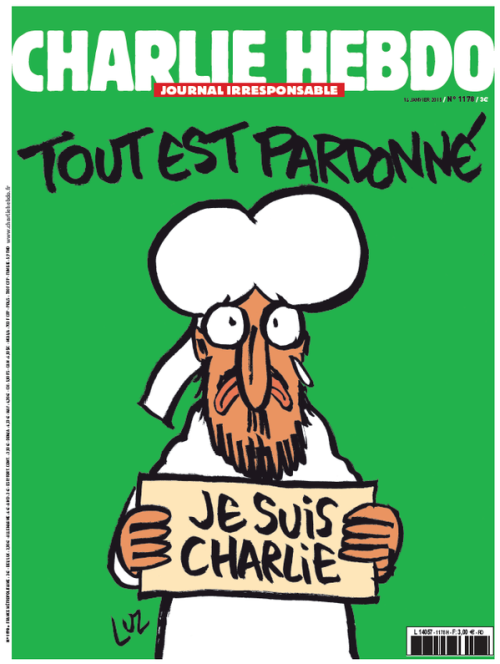 Charlie Hebdo’s first cover back has Mohammad holding ‘I Am Charlie’ sign with words 'All is Forgiven’ above.
They will print at least 3 million copies, instead of their usual 60,000.