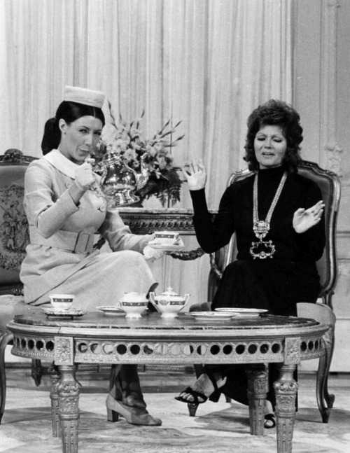 Lilly Tomlin (L) and Rita Hayworth- appearing on TV’s series ‘Rowan and Martin’s Laugh-In’ - 1971.