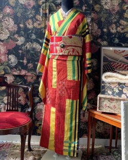 Vintage Japanese kimono fabric Shima mixed wool kimono fabric