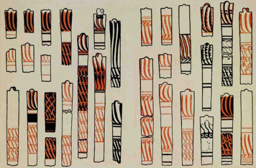 wazagh:Representations of decorated wooden arrow shafts, found in Scythian (Pazyryk) burials, dating