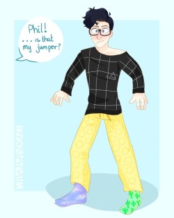 dyxnamic-art:   Dan: Phil! … is that my jumper?   This was supposed to be a small sketch but I ended up colouring it oops  Please don’t repost my art! Reblogs and likes are appreciated!Instagram |  Redbubble  | Twitter  @amazingphil