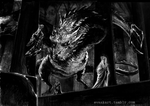 evankart:Thorin, Thranduil and the dragon.