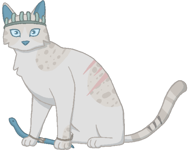 A pixelated drawing of a null not-cat with several scars, a snowpea crown, and a snake.