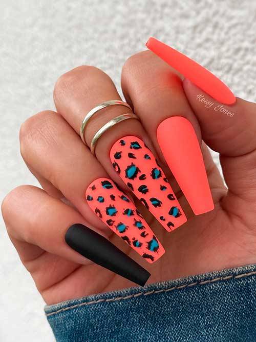 Stylish Belles — Matte Neon Orange with Black Nail Art Design ❤️️...