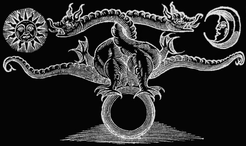 chaosophia218:  Mythical Serpents interlocked in a struggle to obtain the Opposing Principles of Sun and Moon, in part of the Alchemical Process to attain the Philosopher’s Stone.