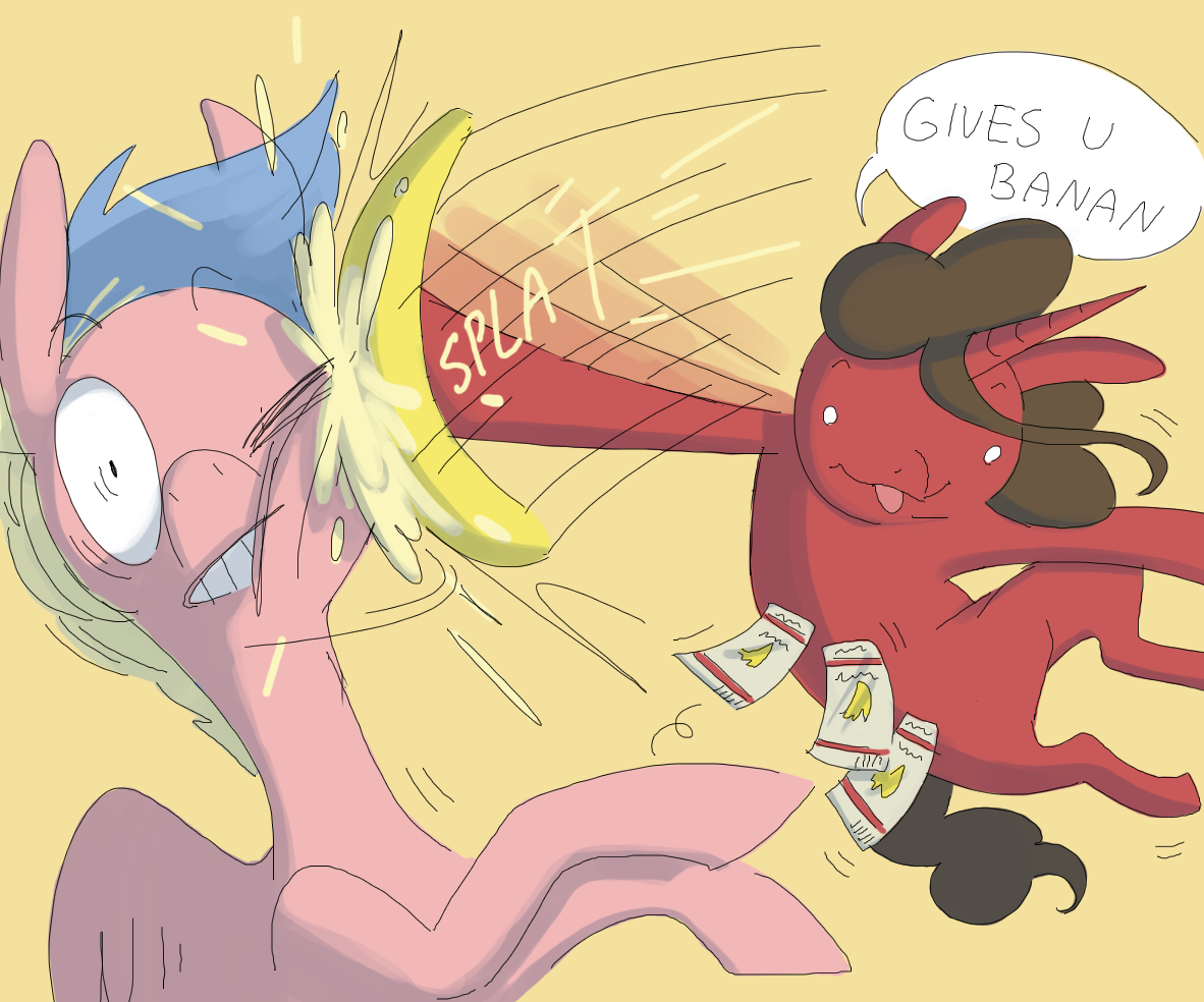 ponybalderdashery:supercooldrawblog:banana pie works in mysterious ways  He doesn’tI’m