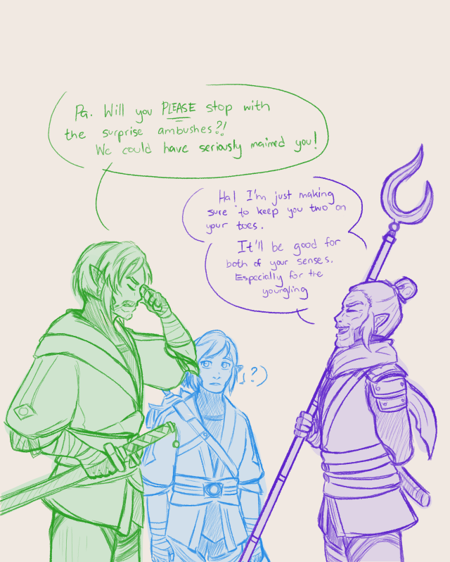 A scene from a draft storyline about Link getting training/holiday break with his dad and grandpa [Pre-Calamity].