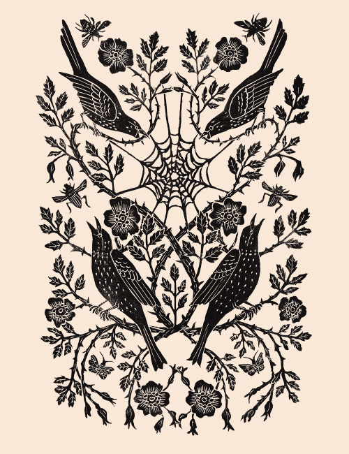 swan-bones: Tangle RoseBlock print, 2021by Kelly Louise Judd