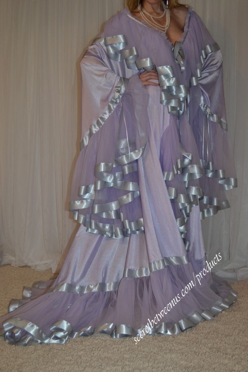 Vintage Sexy Satin Ribbon Nylon Chiffon Lingerie Robe Full Sweep Negligee Long Nightgown Peignoir
