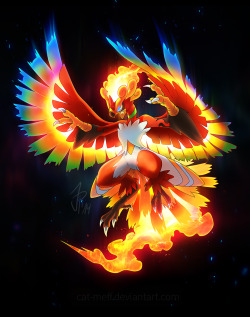 syntheticimagination:  This is what happens when you fuse all the fire birdies together into one (gen 1-6). I tried to incorporate Ho-oh’s rainbow theme in case anyone is wondering why it’s feathers are glowing in a bluish tone. Btw, I also recieved