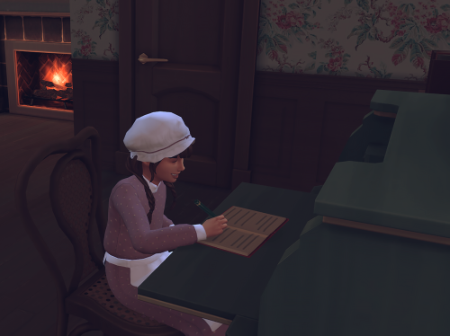 Various gameplay pics: Gabe sitting on Mama’s rocking chair while she knits; Dad telling Sarah and G