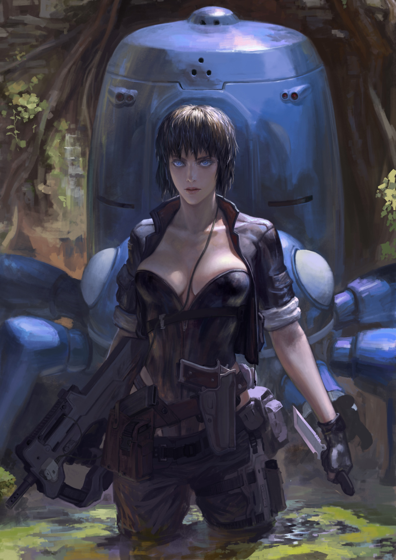 ghostintheshell:  Major Motoko Kusanagi armed and wading with a tachikoma thinktank