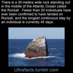 ultrafacts:  Rockall is an uninhabited remote granite islet in the North Atlantic Ocean situated at the following rough distances from the closest large islands: 430 km (270 miles) north-west of Ireland, 460 km (290 miles) west of Great Britain and 700