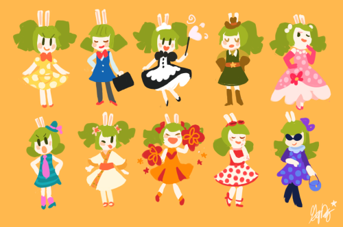 gigidigi: The character is Peridot from Cucumber Quest, and the outfits are (interpretations of) Mim
