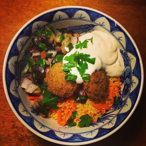 Carrot and couscous salad, grilled eggplant salad and falafel with tahini and Greek yoghurt dressing…