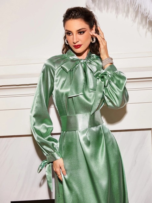 satinwifemelissa:https://eur.shein.com/ Satin shiny silky bow blouse midi-dress in cool green