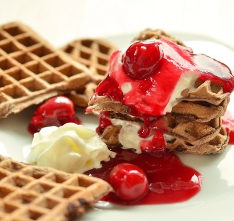 Chocolate Waffle Hearts With Cherry Sauce Recipe