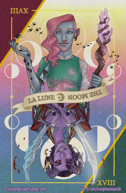 The Moon - XVIIIfeaturing Mollymauk Tealeaf (upright) and Caduceus Clay (Reversed)