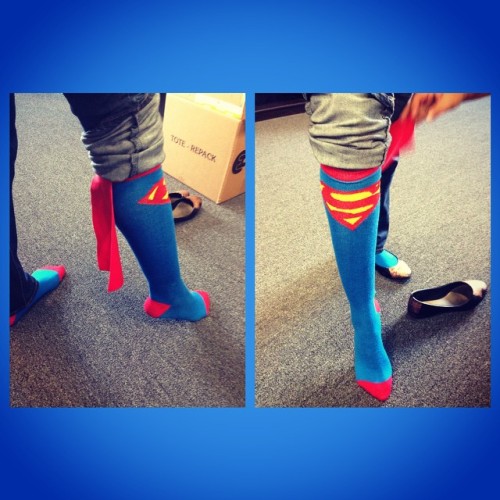 Ashleigh’s super cool #superman/woman socks! They even have a cape!!!! #awesome #hero #socks #iwant