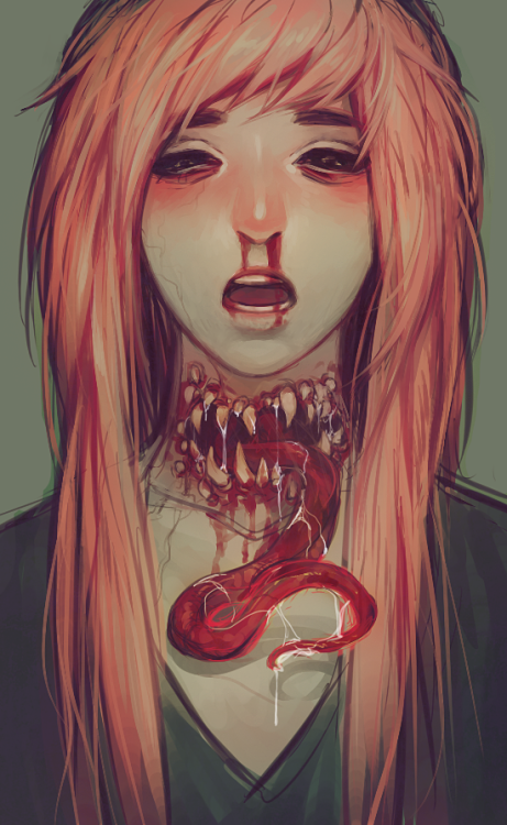 splatterfilm:  colored this on stream!!!!! thnx to those who stopped by!!!! ok so ye This Is Nix. her body is the host for a lovecraftian parasite that curses her w/ immortality!!! in a way that the parasite “”“absorbs”“” her into itself while