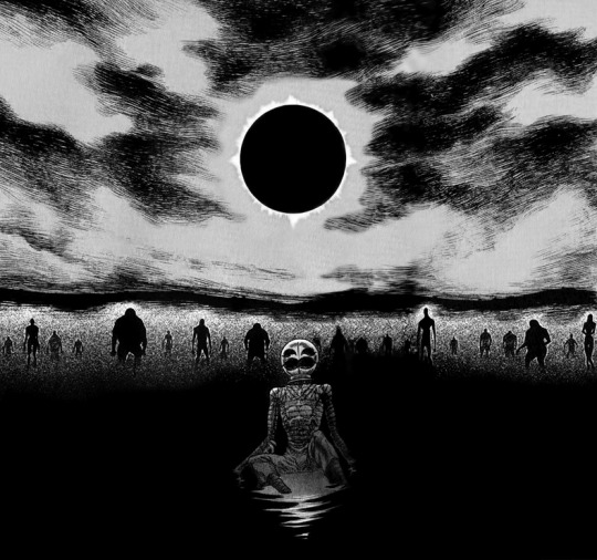 A man covered in bandages, with a helmet reminiscent of a bird's head, sitting on his knees in the middle of a lake with humanoid figures approaching from the horizon behind him. The sun above his head has been covered by the moon in a full solar eclipse.