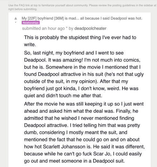 jumpingjacktrash:  leagueofaveragefolk:  Dude is 36 and still needs to grow up.  #dump him#date a guy in a deadpool suit 