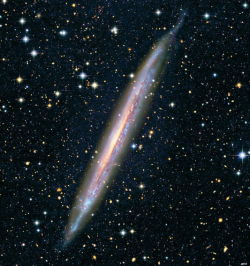    The Edge      Large spiral galaxy NGC 5907 lies edgewise to