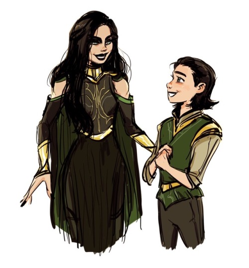 paunchsalazar:  I know she’s the goddess of death and all but… I got the idea in my head of Hela being the cool-bad-influence older sister. Loki somehow takes after the eldest child the most.   (Did Odin see his son’s choice in color schemes and