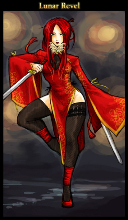 maddynshinaa:  a-sneaky-red-head:  “This is what I’ll be wearing at the Lunar Revel this year. Is that to your tastes?”  //From an old concept I like (the coloured one). Original skin :3  Reblogged from my RP tumblr about Katarina  I love