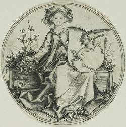 jeannepompadour:  Lady with unicorn and swan coat of arms by Martin Schongauer, (c. 1440-1491)