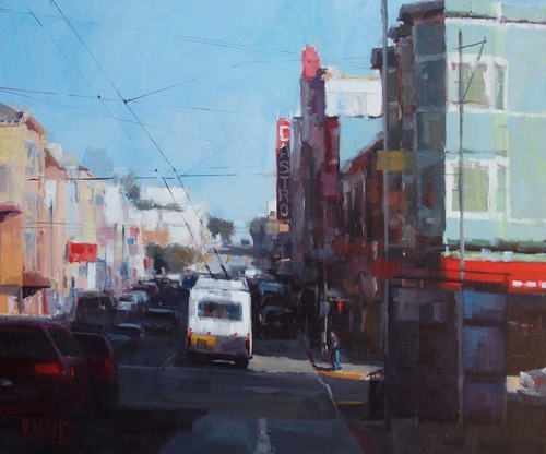 Carole Rafferty (British-American, b. England, based CA, USA) - Waiting For The Bus  Paintings: Oil 