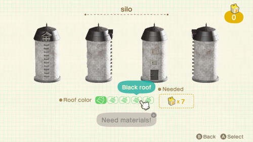 Item: silo# of customizations: 5Customization names: red roof, green roof, blue roof, black roof, aq