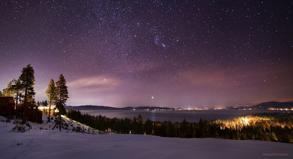 space-pics:  Vibrant winter stars over Lake Tahoe, a week ago. That’s Sirius’s