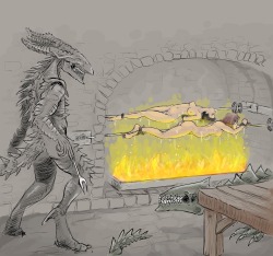 inthehouseofjessica:  Submitted by ravenousmonster ravenousmonster submitted this wonderful artwork depicting myself and Charlotte roasting over the coals. Love it!  