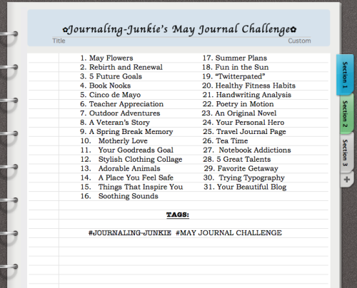 thisisjustfuckingsterling:  journaling-junkie:Hey there. Here’s your May Journal Challenge, cuties!  I’ll spare you the guidelines. I’m sure you know what to do by now. But, if you have any questions at all, please don’t hesitate to write me a