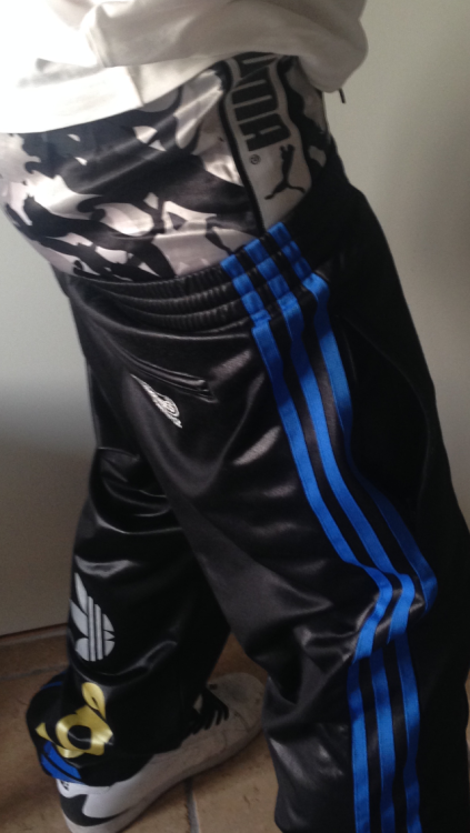 adidaswanker:Close up of my underwear! Shiny Puma Stripes Camo shorts loving those shiny trackies 