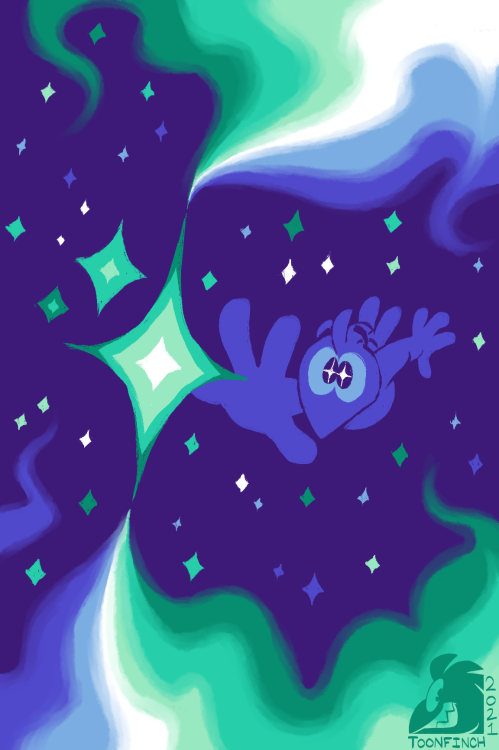 toonfinch:STARSTRUCK[ID: A digital drawing using the colors of the gay man flag. A blue silhouetted 