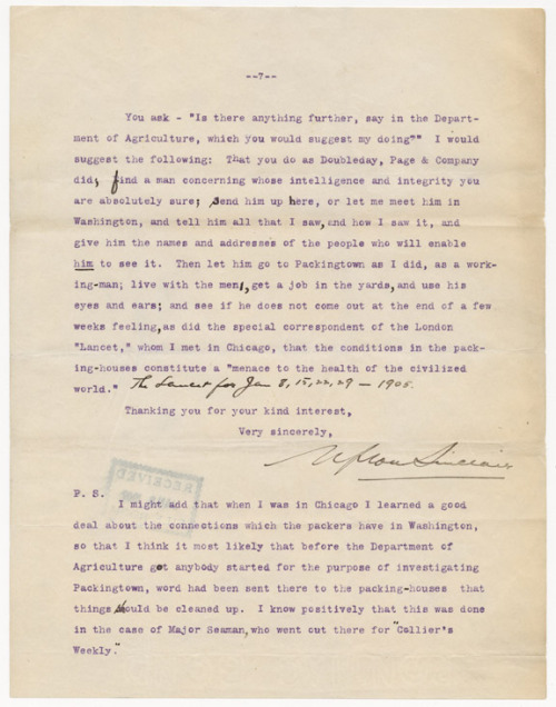 For #BannedBooksWeek and author Upton Sinclair’s 135th birthday (belated!), born September 20, 1878.
usnatarchives:
“ In honor of Banned Books Week, here’s a letter to President Theodore Roosevelt from Upton Sinclair, whose novel “The Jungle” has...